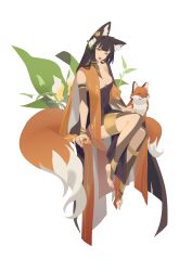 1girl ^_^ absurdly_long_hair animal animal_ear_fluff animal_ears anklet bangle bare_shoulders barefoot black_hair blunt_bangs bracelet breasts cleavage closed_eyes closed_mouth collarbone detached_sleeves dress earclip fangs female_focus flower fox fox_ears fox_girl fox_tail full_body gold grey_leggings grey_sleeves hagoromo hair_flower hair_ornament head_tilt highres jewelry leggings long_hair looking_at_viewer medium_breasts multiple_rings nana_ann orange_eyes orange_shawl original pelvic_curtain plant purple_dress ring shawl short_sleeves sidelocks simple_background sitting sketch skindentation solo strapless strapless_dress tail teeth thighlet tongue tongue_out very_long_hair white_background white_flower yellow_flower