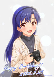 1girl absurdres birthday black_hairband black_shirt blue_hair blush brown_cardigan brown_eyes brown_skirt camera cardigan dated from_above hairband happy_birthday highres holding holding_camera idolmaster idolmaster_million_live! idolmaster_million_live!_theater_days jewelry kisaragi_chihaya kisaragi_chihaya_(private_dress) long_hair long_sleeves looking_at_viewer necklace neilp open_cardigan open_clothes open_mouth plaid_clothes plaid_skirt shadow shirt skirt smile solo turtleneck turtleneck_shirt twitter_username
