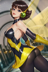 1girl 2025 ass ass_focus avengers_(series) bare_shoulders black_socks blue_eyes breasts brown_hair costume female_focus gloves headphones highres insect_wings janet_van_dyne looking_at_viewer marvel medium_breasts neoartcore shirt short_hair skirt smile socks solo superhero_costume the_avengers:_earth&#039;s_mightiest_heroes the_avengers:_earth&#039;s_mightiest_heroes! thick_thighs thighhighs thighs turning_head wasp_(marvel) wide_hips wings yellow_gloves yellow_shirt yellow_skirt yellow_wings