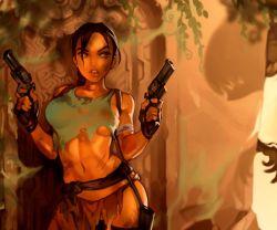 1girl adapted_costume against_wall asymmetrical_underboob backpack bad_id bad_twitter_id bag black_gloves braid breasts brown_eyes brown_hair cocked_hammer commentary contrapposto dappled_sunlight dirty dirty_clothes dirty_face dual_wielding english_commentary female_focus finger_on_trigger fingerless_gloves gloves gun handgun holding holding_gun holding_weapon holster lara_croft large_breasts lips loincloth long_hair looking_to_the_side navel no_bra optionaltypo pistol revolver ruins scar single_braid solo standing stomach sunlight tank_top thigh_holster tomb_raider torn_clothes underboob weapon