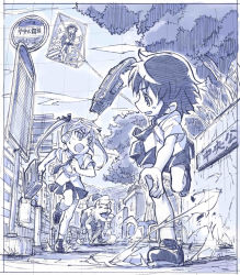 3girls blue_theme blush closed_eyes flying goshiki_agiri hair_ribbon highres kill_me_baby kite long_hair monochrome multiple_girls open_mouth oribe_yasuna ribbon running sakino_shingetsu school_uniform short_hair sketch skirt sonya_(kill_me_baby) sweatdrop traditional_media twintails