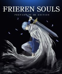 1boy black_background blue_background blue_hair blue_shirt cape cover dark_souls_(series) dark_souls_i english_text from_side gradient_background highres himmel_(sousou_no_frieren) holding holding_sword holding_weapon lei_bao long_sleeves male_focus pants profile shirt short_hair sousou_no_frieren sword torn_cape torn_clothes video_game_cover weapon white_cape white_pants