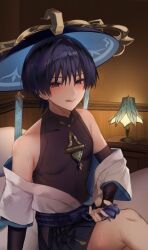 Rule 34 | 1boy, :d, arm at side, belt, black belt, black bodysuit, black bridal gauntlets, black hair, black shorts, blue kimono, blue sleeves, blunt ends, blush, bodysuit, bow, bridal gauntlets, cabinet, covered abs, desk lamp, fingernails, genshin impact, gold ring, hakama, hakama shorts, highres, hip vent, indoors, japanese clothes, juban, kimono, lamp, layered sleeves, looking at viewer, male focus, mandarin collar, middle ring, mole, mole under eye, naughty face, off shoulder, on bed, open clothes, open hand, open kimono, open mouth, pectorals, pillow, pleated shorts, purple bow, purple eyes, purple pupils, purple rope, purple sash, rope, sash, scaramouche (genshin impact), short sleeves, shorts, smile, solo, sweat, tassel, toned, toned male, tongue, tongue out, tsurime, wanderer (genshin impact), white kimono, white sleeves, wispy bangs, yu (geda4335)
