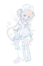 1girl asymmetrical_legwear bandaid blonde_hair blue_eyes boots braid dress hair_ornament hat highres holding intravenous_drip juliet_sleeves knee_boots lace-up_boots long_hair long_sleeves memuro nurse nurse_cap original pantyhose pill puffy_sleeves ribbon striped_clothes striped_pantyhose syringe thighhighs twin_braids twintails white_background