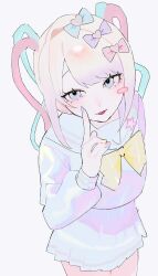 1girl :3 aegyo_sal blonde_hair blue_eyes blue_hair blue_serafuku blush bow chest_bow chouzetsusaikawa_tenshi-chan colored_tips cowboy_shot from_above hair_bow head_tilt highres index_finger_raised looking_at_viewer multicolored_hair multiple_hair_bows needy_girl_overdose nial pink_hair quad_tails school_uniform serafuku solo tongue tongue_out white_background