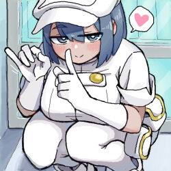 1girl aether_foundation aether_foundation_employee aether_foundation_employee_(female) blush bo_(bocky0w0) breasts creatures_(company) dark-skinned_female dark_skin fellatio_gesture game_freak gloves handjob_gesture hat heart large_breasts lowres naughty_face nintendo pokemon pokemon_sm short_hair smile solo spoken_heart squatting thighhighs white_gloves