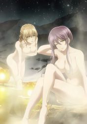 2010s 2girls arm_behind_head bath bathing blush braid breasts brown_hair censored convenient_censoring covering_breasts covering_privates goblin_slayer! guild_girl_(goblin_slayer!) large_breasts light_brown_hair long_hair mole mole_under_eye multiple_girls navel night night_sky nipples nude_filter onsen outdoor_bath outdoors purple_hair same-sex_bathing shared_bathing single_braid sitting sky smile snow standing third-party_edit witch_(goblin_slayer!) yellow_eyes