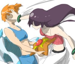 2girls ass asymmetrical_hair back bare_arms bare_shoulders bike_shorts bikini blue_bikini blush bra breasts cleavage cowboy_shot creatures_(company) eyelashes female_focus fighting game_freak gen_1_pokemon gym_leader hair_tie jacket kenji_(8zidayo) legs long_hair medium_breasts misty_(pokemon) multiple_girls navel nintendo orange_hair pants pokemon pokemon_frlg pokemon_hgss ponytail purple_hair sabrina_(pokemon) shirt short_hair side_ponytail small_breasts smile staryu swimsuit thighs underwear white_jacket white_pants