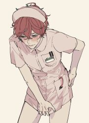 Rule 34 | 1boy, aqua eyes, averting eyes, bags under eyes, blush, breast pocket, collared dress, cowboy shot, crossdressing, crossed bangs, dress, dress tug, embarrassed, fingernails, groin tendon, hair between eyes, hand on own hip, hat, hypnosis mic, kannonzaka doppo, leaning forward, looking to the side, male focus, multicolored hair, name tag, nurse cap, pale skin, pocket, red hair, short dress, short hair, simple background, solo, streaked hair, sweat, wata i, white background, white dress