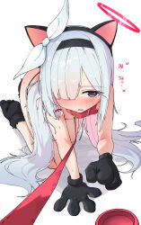1girl absurdres all_fours animal_collar animal_ear_hairband animal_ears animal_hands bikini black_bikini black_eyes black_footwear black_gloves black_hairband blue_archive blush bow bowl braid cat_ears clenched_hand collar colored_inner_hair commentary crawling doroshe_(sdpw8474) english_commentary fake_animal_ears female_focus flat_chest full_body fur-trimmed_footwear fur_trim gloves hair_bow hair_over_one_eye hairband halo heart highres holding holding_leash huge_filesize kneeling leash leash_pull loli long_hair looking_at_viewer mixed-language_commentary multicolored_hair nude one_eye_covered open_mouth paid_reward_available paw_gloves paw_shoes pet pet_bowl pet_play petgirl pink_hair plana_(blue_archive) red_halo red_pupils simple_background single_braid solo submission sweat swimsuit translation_request very_long_hair viewer_holding_leash white_background white_bow white_hair