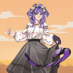Rule 34 | 1girl, absurdres, black nails, black skin, blue eyes, braid, breasts, colored extremities, colored skin, commentary, dress, fang, flower, hair flower, hair ornament, heterochromia, highres, korzynka persykiv, long dress, long sleeves, low twin braids, medium breasts, multicolored hair, nijisanji, nijisanji en, pink eyes, puffy long sleeves, puffy sleeves, purple lips, purple skin, selen tatsuki, signature, skin fang, skirt hold, smile, solo, tail, twin braids, two-tone hair, ukrainian clothes, virtual youtuber, white hair