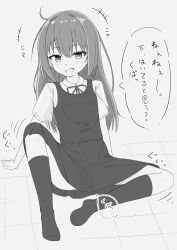 +++ 1girl absurdres collared_shirt commentary_request dress fang grey_background greyscale hair_intakes highres knee_up kneehighs long_hair looking_at_viewer monochrome neck_ribbon no_shoes open_mouth original pinafore_dress ribbon shirt short_sleeves sitting sleeveless sleeveless_dress smile socks solo takasuma_hiro translation_request very_long_hair