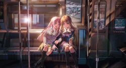 2girls absurdres annotated bang_dream! bang_dream!_it&#039;s_mygo!!!!! black_shoes black_socks blue_eyes blue_shirt blue_skirt brown_hair brown_shoes cang_(akaga204) chihaya_anon chinese_commentary closed_mouth commentary_request diagonal-striped_clothes diagonal-striped_necktie grabbing_another&#039;s_arm green_necktie green_skirt grey_neckerchief haneoka_school_uniform highres kaname_raana kneehighs loafers long_hair multiple_girls mygo!!!!!_(bang_dream!) nagasaki_soyo neckerchief necktie official_art_inset open_mouth pink_hair plaid_clothes plaid_skirt pleated_skirt school_uniform selfie shiina_taki shirt shoes sitting skirt socks striped_clothes takamatsu_tomori teeth train_interior tsukinomori_school_uniform upper_teeth_only yuri