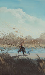 1boy bird black_pants brown_sandals closed_eyes cloud creature day flock from_side full_body grass highres ibuki_satsuki long_hair original outdoors pants ponytail river riverbank running sand sandals scenery sky solo topless_male tree white_hair wide_shot