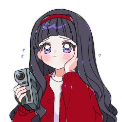 Rule 34 | 1girl, blunt bangs, blush, camcorder, camera, cardcaptor sakura, cardigan, closed mouth, daidouji tomoyo, flying sweatdrops, hairband, hand on own cheek, hand on own face, highres, holding, holding camera, long hair, purple eyes, red cardigan, red hairband, simple background, solo, upper body, video camera, white background, worried, yalmyu