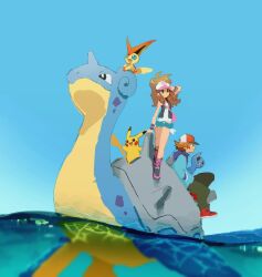 Rule 34 | 1boy, 1girl, baseball cap, blue sky, brown hair, denim, denim shorts, dewott, gen 1 pokemon, gen 5 pokemon, hat, highres, hilbert (pokemon), hilda (pokemon), lapras, legendary pokemon, mythical pokemon, nintendo, nyagiratwist, ocean, outdoors, pikachu, pokemon, pokemon (creature), pokemon bw, riding, riding pokemon, shorts, sky, source request, victini