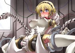 1girl aigis_(persona) android atlus blonde_hair blue_eyes blush breasts collar female_focus hacking mind_control persona persona_3 segami_daisuke sex_machine shin_megami_tensei short_hair solo tentacles wire