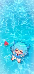 1girl =_= absurdres ahoge blue_bow blue_dress blue_hair blush blush_stickers bow chibi cirno commentary dress fang food fruit full_body hair_bow highres ice ice_wings lying lying_on_water on_back outstretched_arms outstretched_legs pinafore_dress qiu_ju shirt sleeveless sleeveless_dress smile solo touhou watermelon white_shirt wings