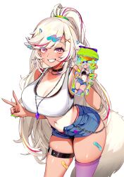 1girl bandaged_leg bandages bare_arms bare_shoulders bikini black_bikini black_choker blue_shorts breasts chain choker cleavage cowboy_shot crop_top crop_top_overhang cup denim denim_shorts ein_(foxyreine) foxyreine gamer_supps green_nails grin highres holding holding_cup jewelry large_breasts leaning_forward long_hair looking_at_viewer midriff mole mole_on_breast nail_polish navel necklace open_fly original ponytail purple_thighhighs shirt short_shorts shorts simple_background single_thighhigh skindentation sleeveless sleeveless_shirt smile solo standing stomach swept_bangs swimsuit tail tank_top thigh_strap thighhighs thighs undershirt very_long_hair white_background white_hair white_shirt yellow_eyes