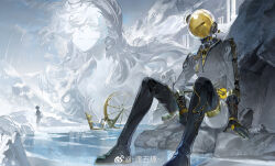 1boy 1girl black_gloves blue_sky boots brown_boots ferrofluid fishbowl_helmet gloves highres ice jumpsuit male_focus mountain nautika_(reverse:1999) object_head on_rock outdoors pillar reverse:1999 sitting sky snow solo_focus spinning_wheel statue ste7619 thigh_boots ulrich_(reverse:1999) vertin_(reverse:1999) watermark weibo_watermark white_jumpsuit