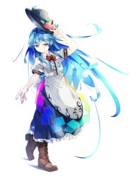 1girl apron arm_up black_hat blue_hair blue_skirt boots bow bowtie brown_boots buttons center_frills closed_mouth collared_shirt commentary_request food frilled_skirt frills fruit fruit_hat_ornament full_body gorilla_(bun0615) hair_ornament hat hat_ornament hat_tip highres hinanawi_tenshi holding holding_unworn_clothes holding_unworn_hat lace-up_boots leaf_hair_ornament leaf_hat_ornament light_particles light_smile long_hair long_skirt looking_at_viewer orange_eyes peach peach_hat_ornament puffy_short_sleeves puffy_sleeves rainbow_order red_bow red_bowtie shirt short_sleeves simple_background skirt smile solo standing touhou unworn_hat unworn_headwear very_long_hair waist_apron walking white_apron white_background white_shirt