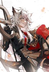 1girl aiguillette animal_ears arknights black_gloves black_jacket black_skirt black_thighhighs bolo_tie chinese_commentary commentary_request cowboy_shot embers gloves grin hair_between_eyes hair_ornament hairclip high-waist_skirt holding holding_weapon jacket lappland_(arknights) lappland_the_decadenza_(arknights) long_hair long_sleeves looking_at_viewer scar scar_across_eye scar_on_face skirt smile solo thighhighs weapon white_background white_eyes white_hair wolf_ears wolf_girl yuhuaguichen