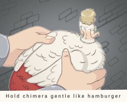 blonde_hair breasts commentary dizidood dungeon_meshi english_commentary english_text falin_touden falin_touden_(chimera) hold_birb_gentle_like_hamburger_(meme) holding indoors laios meme mini_person minigirl photo-referenced short_hair solo_focus subtitled