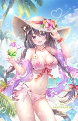 1girl animal_ears bare_shoulders beach bikini blush bow bracelet breasts brown_hair cat_ears cleavage cup drink flower hair_bow hair_ornament hat highres holding holding_cup jewelry large_breasts long_hair looking_at_viewer navel necklace open_mouth original palm_tree purple_eyes purple_shawl red_bikini sakura_moyon see-through_clothes shawl smile solo stomach straw_hat sun_hat swimsuit tree twintails very_long_hair wet