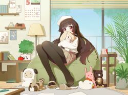1girl artist_self-reference balcony bean_bag_chair beret black_pantyhose blush bomb book bookshelf brown_skirt brown_slippers calendar_(object) cardigan carpet cup dynamite explosive fern hat highres holding holding_stuffed_toy hugging_object indoors keibi_inu knees_up lamp leaf loaded_interior long_hair long_sleeves looking_at_viewer matsumoto_rise may pantyhose paper pen photo_(object) plant pleated_skirt potted_plant red_eyes scenery sitting skirt slippers solo sparkling_eyes stuffed_animal stuffed_cat stuffed_chicken stuffed_dog stuffed_panda stuffed_raccoon stuffed_sheep stuffed_tomato stuffed_toy table tareme tea teacup time_bomb white_cardigan window window_blinds wooden_floor wooden_table yuruyuri