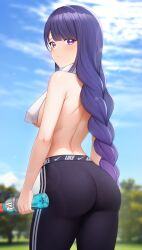 1girl alternate_costume ass blue_sky blurry blurry_background bottle braid brand_name_imitation breasts cloud commentary cowboy_shot day english_commentary from_behind gatorade genshin_impact highres holding holding_bottle large_breasts logo_parody long_hair low-braided_long_hair low-tied_long_hair nike_(company) outdoors pants pantylines purple_eyes purple_hair raiden_shogun sky solo sports_drink sportswear towel towel_around_neck very_long_hair yisusjpl yoga_pants