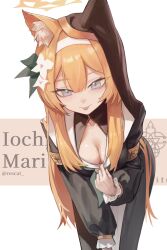 1girl absurdres animal_ear_fluff animal_ear_headwear animal_ears black_veil blue_archive breasts cleavage clothes_pull coif dress_pull fake_animal_ears flower hair_flower hair_ornament halo highres large_breasts leaning_forward looking_at_viewer mari_(blue_archive) nun orange_hair pulling_own_clothes rescat solo tongue tongue_out veil white_flower yellow_halo