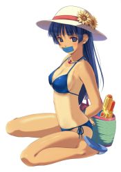 bdsm bikini blue_eyes blue_hair bondage bound gag gagged hat highres improvised_gag jewelry koutaro long_hair necklace side-tie_bikini_bottom swimsuit tan tanline tape tape_gag water_gun