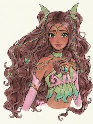 aisha_(winx_club) bare_shoulders brown_hair dark-skinned_female dark_skin fairy fairy_wings green_wings highres jewelry kuridel long_hair magical_girl shirt smile traditional_media very_dark_skin very_long_hair wavy_hair wings winx_club y2k_fashion