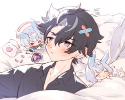 &gt;_&lt; 1boy 2girls antennae bag bandaid bandaid_on_head black_hair black_shirt blanket blue_hair blush collared_shirt commentary_request crossed_bandaids frown genshin_impact gradient_hair green_jacket hat hayashidadesu heart jacket mini_person minigirl multicolored_hair multiple_girls nurse_cap open_clothes open_shirt paper_bag pill pillow pink_hair purple_eyes shirt short_hair sigewinne_(genshin_impact) signature simple_background twintails white_background white_hat wriothesley_(genshin_impact) zzz