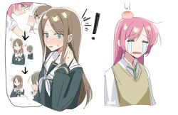 4girls @_@ bang_dream! bang_dream!_it&#039;s_mygo!!!!! blue_eyes blue_shirt blush brown_hair brown_sweater_vest chihaya_anon closed_mouth commentary_request crying embarrassed eye_contact fang green_hair grey_neckerchief haidao_mao hickey highres long_hair long_sleeves looking_at_another multiple_girls nagasaki_soyo neckerchief open_mouth people pink_hair school_uniform shirt sidelocks sweater_vest tsukinomori_school_uniform white_shirt yuri