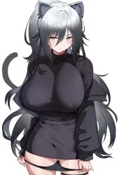 1girl absurdres animal_ear_fluff animal_ear_piercing animal_ears arknights black_hair black_panties black_shirt black_skirt blush breasts commentary covered_erect_nipples cowboy_shot dishui_tangni gradient_hair grey_hair hair_between_eyes highres huge_breasts long_bangs long_hair looking_at_viewer miniskirt multicolored_hair panties panty_pull parted_lips pencil_skirt schwarz_(arknights) shirt simple_background skindentation skirt skirt_set solo standing tail thigh_strap turtleneck turtleneck_shirt underwear variant_set white_background yellow_eyes