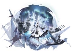 1girl absurdres artist_request aurora azur_lane black_boots black_dress black_gloves black_necktie boots breasts coat dress fur-trimmed_coat fur_trim gloves grey_eyes hair_between_eyes hat high_heel_boots high_heels highres holding holding_scepter holding_staff ice ice_crystal large_breasts logo long_dress long_hair looking_at_viewer machinery necktie non-web_source official_art rigging scepter ship_turret sled snowflakes solo sovetsky_soyuz_(azur_lane) staff standing two-tone_dress very_long_hair white_dress white_hair white_hat