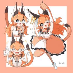 ! !! +_+ :&gt; :d \||/ absurdres ahoge armpits border breast_pocket caracal_(kemono_friends) closed_eyes colored_tips commentary_request detached_sleeves facing_viewer fang fangs highres kemono_friends kemono_friends_v_project kinowan large_ears long_hair multicolored_hair multiple_expressions one_eye_closed open_mouth orange_hair orange_sash orange_scarf outside_border pocket raised_fist scarf shirt sidelocks signature simple_background skin_fang skin_fangs skirt smile sparkle tail_raised white_shirt
