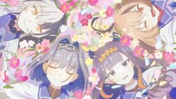 4girls :d ;d black_choker black_hair blue_hair blunt_bangs bow bow_earrings brown_hair cape center-flap_bangs chain chain_headband choker closed_eyes closed_mouth commentary_request cross cross_earrings earrings enigmatic_recollection fanged_bangs field flower flower_field fur-trimmed_collar fur_trim gigi_murin gigi_murin_(1st_costume) gloves gradient_hair grey_eyes grey_hair hair_intakes headband highres hololive hololive_english jewelry long_hair looking_at_viewer lying mole mole_under_eye multicolored_hair multiple_girls ninomae_ina&#039;nis on_back one_eye_closed open_mouth orange_hair ouro_kronii ouro_kronii_(1st_costume) petals pink_eyes pointy_ears purokiti purple_gloves purple_hair reaching reaching_towards_viewer sharp_teeth shiori_novella shiori_novella_(1st_costume) short_hair short_twintails sidelocks sideways_glance smile split-color_hair teeth tentacle_hair twintails two-tone_hair upper_teeth_only veil virtual_youtuber white_cape white_veil yellow_eyes