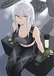 1girl absurdres bare_shoulders bottle breasts cleavage closed_mouth collarbone colored_eyelashes commentary crona_(fuku12290574) fingerless_gloves fuku_(fuku12290574) gloves green_gloves grey_eyes gym highres indoors large_breasts long_hair looking_at_viewer midriff navel original sitting solo sports_bra sweat white_hair