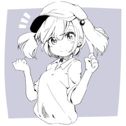 1girl blue_background blush breasts cactas7 clenched_hands closed_mouth collarbone hair_bobbles hair_ornament hat highres kawashiro_nitori medium_breasts monochrome simple_background smile solo touhou upper_body white_background