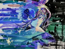 Rule 34 | 1girl, animal ears, bare shoulders, blue flower, blue rose, eyhkvp8, fascinator, flipped hair, flower, hair over one eye, highres, horse ears, horse girl, long hair, oil painting (medium), painting (medium), portrait, rice shower (umamusume), rose, solo, sparkle, traditional media, umamusume