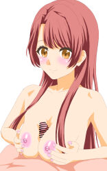 1boy 1girl ali_sun_mark bar_censor bare_shoulders breasts breasts_squeezed_together brown_eyes censored cleavage closed_mouth collarbone completely_nude d4dj hetero highres kasuga_haruna long_hair medium_breasts nail_polish nipples nude paizuri penis pov red_hair simple_background smile solo_focus white_background