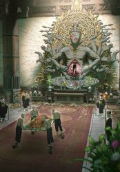6+others animal ball_and_chain_restraint barefoot bodies bone candle church commentary_request death extra_arms fire flower food highres holding holding_animal kiginobiru_(hayapi) long_earlobes meat monster multiple_others open_mouth original pig pork priest rug shakujou staff statue teeth tongue tongue_out topless_other tray