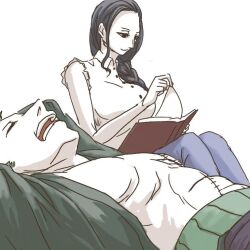 1boy 1girl arms_behind_head black_hair book braid braided_ponytail closed_eyes closed_mouth commentary_request haramaki holding holding_book light_smile lying nico_robin nikoban on_back one_piece open_mouth reading roronoa_zoro simple_background sleeping sleeveless white_background