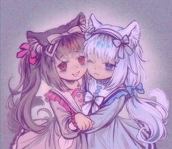 2girls :3 animal_ears blue_eyes bow brown_hair cat_ears cat_girl cat_tail child chocola_(nekopara) gh0sttnacht highres long_hair looking_at_viewer multiple_girls nekopara open_mouth ribbon slit_pupils smile tail twintails vanilla_(nekopara) very_long_hair white_hair