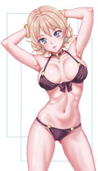 1girl armpits arms_behind_head bikini black_bikini blonde_hair blue_eyes braid breasts cleavage darjeeling_(girls_und_panzer) girls_und_panzer hair_bun highres large_breasts legs looking_at_viewer medium_hair navel open_mouth smile solo swimsuit thighs tongue
