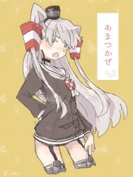 Rule 34 | 1girl, amatsukaze (kancolle), arm behind back, black dress, blush, character name, commentary, cropped legs, dress, garter straps, grey hair, hair tubes, kantai collection, long hair, long sleeves, looking at viewer, open mouth, sailor collar, sailor dress, short dress, signature, simple background, solo, someillust, two side up, white sailor collar, yellow background, yellow eyes