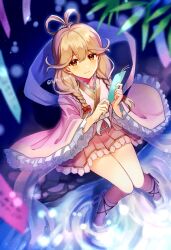 1girl blonde_hair blush bow braid breasts brown_eyes brown_hair closed_mouth dress faye_(fire_emblem) fire_emblem fire_emblem_echoes:_shadows_of_valentia hair_bow highres holding holding_tanzaku japanese_clothes kimono long_hair looking_at_viewer low-braided_long_hair low-tied_long_hair night night_sky nintendo s_n_reon sky smile solo tanabata tanzaku twin_braids water yukata