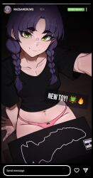 black_shirt box braid closed_mouth dildo dragon_dildo fortnite green_eyes hair_over_shoulder lilatole looking_at_viewer mae_(fortnite) panties pink_panties purple_hair selfie sex_toy shirt short_sleeves sitting smile twin_braids underwear